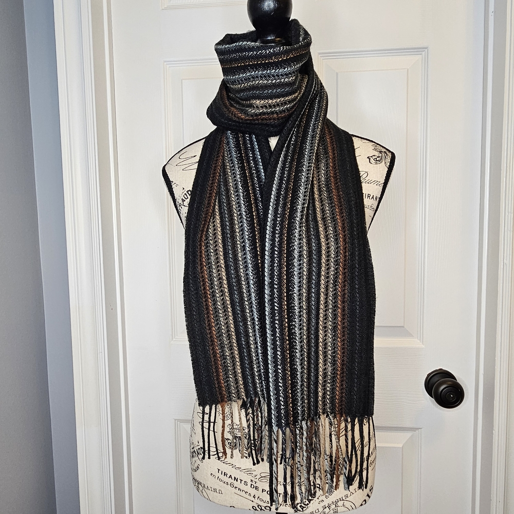 NWOT V.Fraas Long Black Brown Blue Stripe Ribbed Knit Winter Scarf Fringe OS